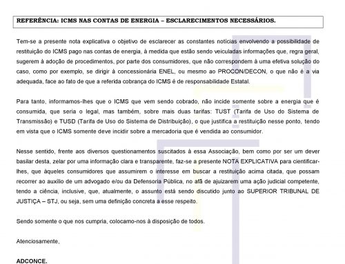 NOTA EXPLICATIVA: REFERÊNCIA: ICMS NAS CONTAS DE ENERGIA – ESCLARECIMENTOS NECESSÁRIOS